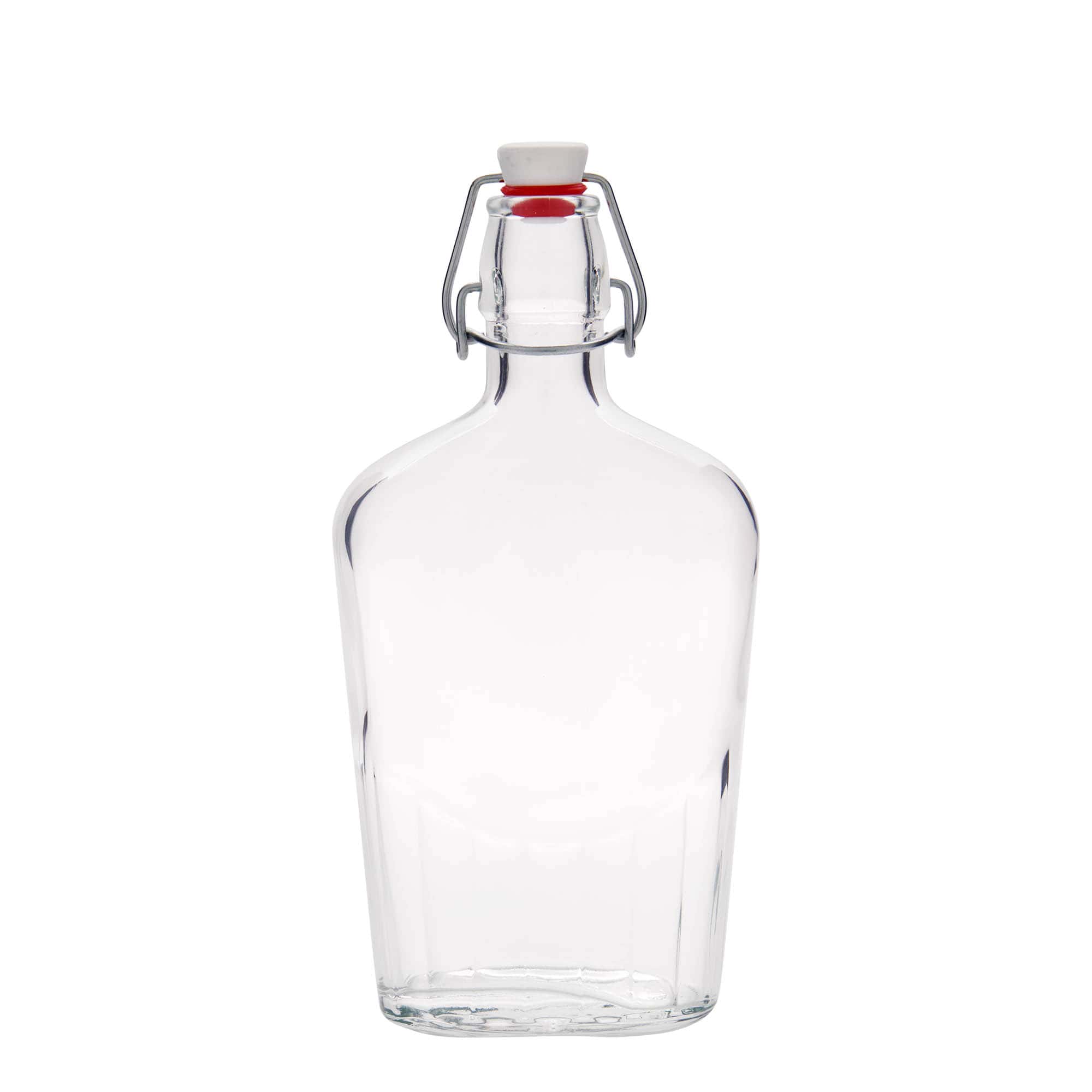 Shishe qelqi 500 ml 'Fiaschetta', ovale, grykë: mbyllje me kapëse.