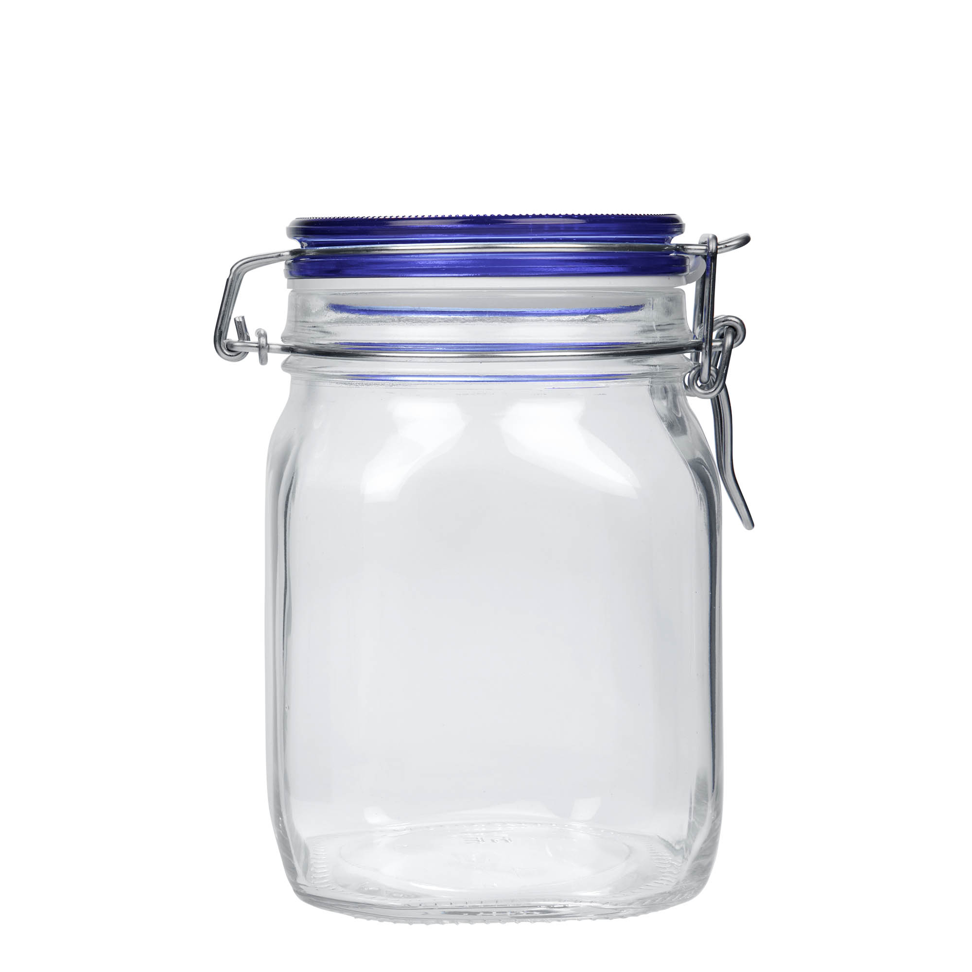 1.000 ml kavanoz me kapak me shirit metalik 'Fido' me kapak blu, katror, hapje: mbyllje me shirit metalik 1.000 ml kavanoz me kapak me shirit metalik 'Fido' me kapak blu, katror, hapje: mbyllje me shirit metalik