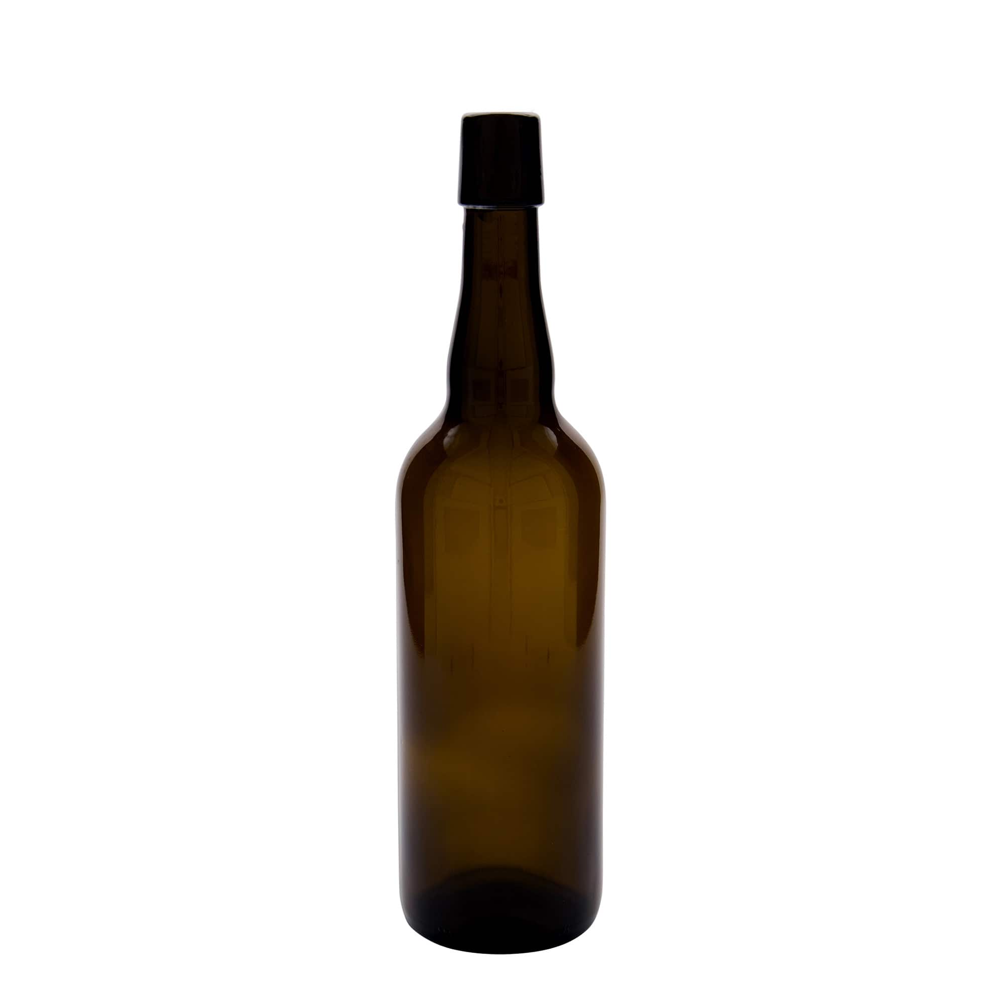 750 ml shishe birre Belgjikë, qelq, kafe, gojë: mbyllje me kapëse.
