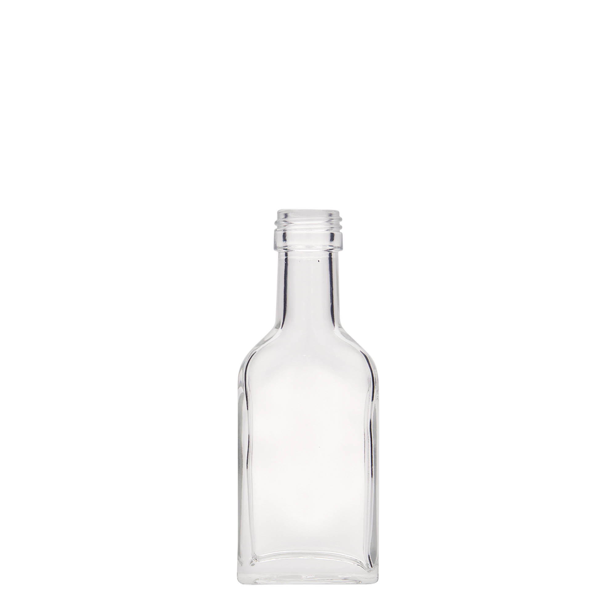 40 ml shishe xhepi me qafë të gjatë, drejtkëndëshe, xham, gojë: PP 22 40 ml shishe xhepi me qafë të gjatë, drejtkëndëshe, xham, gojë: PP 22