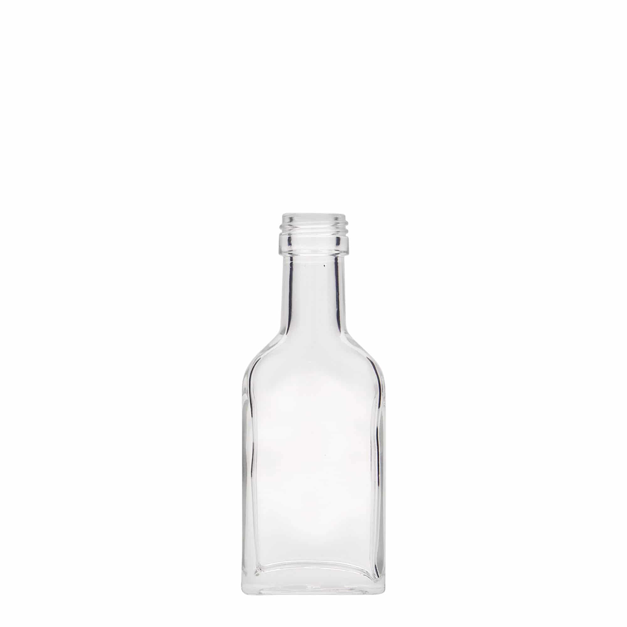 40 ml shishe xhepi me qafë të gjatë, drejtkëndëshe, xham, gojë: PP 22