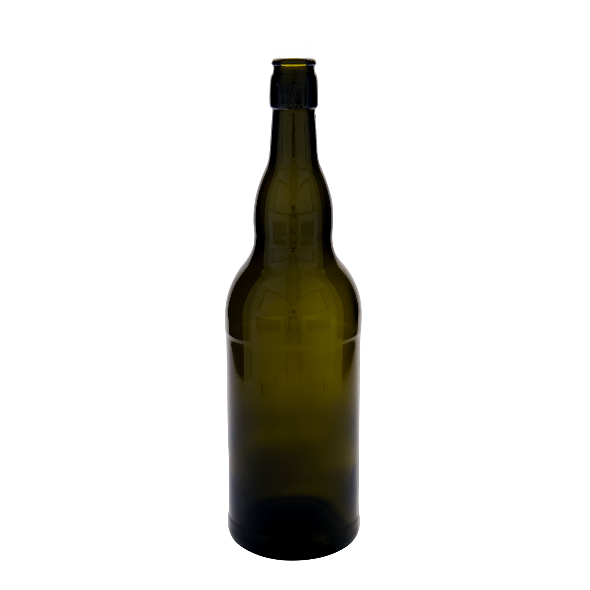 1.000 ml shishe birre Belgjikë, qelq, jeshile antike, gojë: mbyllje me kapak me shirit.