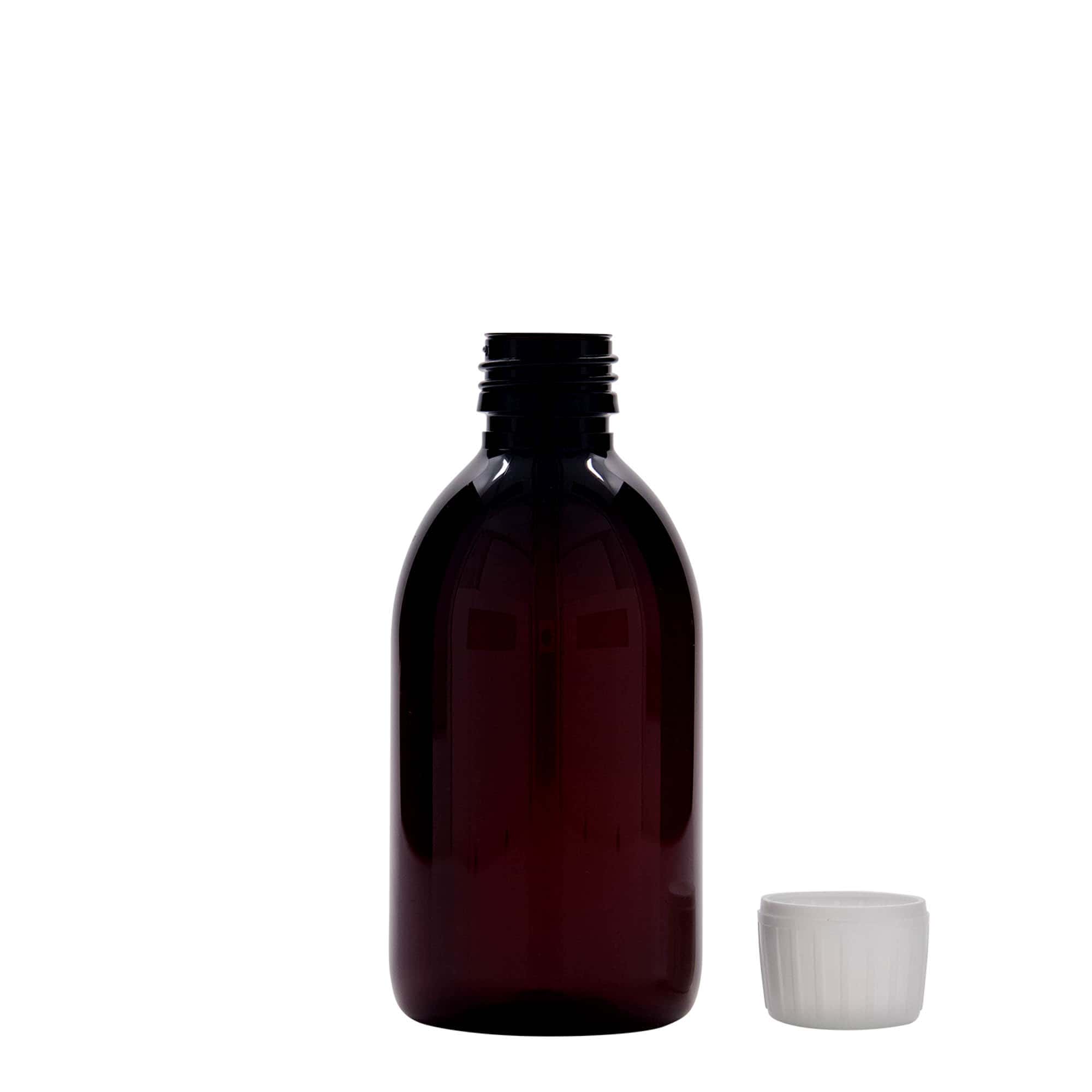 250 ml shishe mjekësore PET, kafe, plastikë, gojëz: PP 28