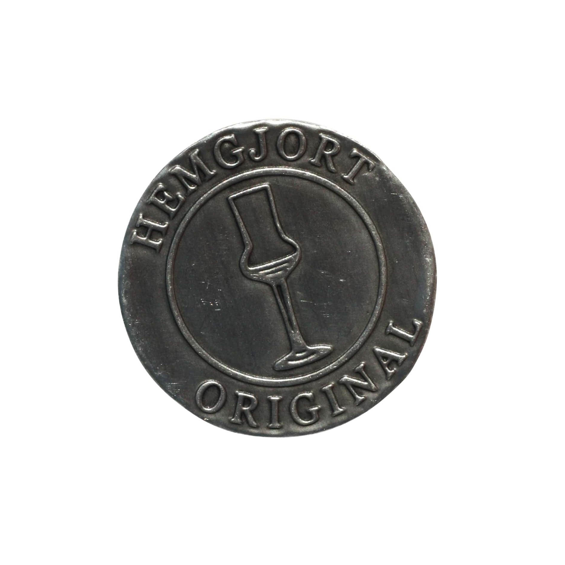Etiketë prej zinku 'Hemgjort Original', e rrumbullakët, metal, argjend
