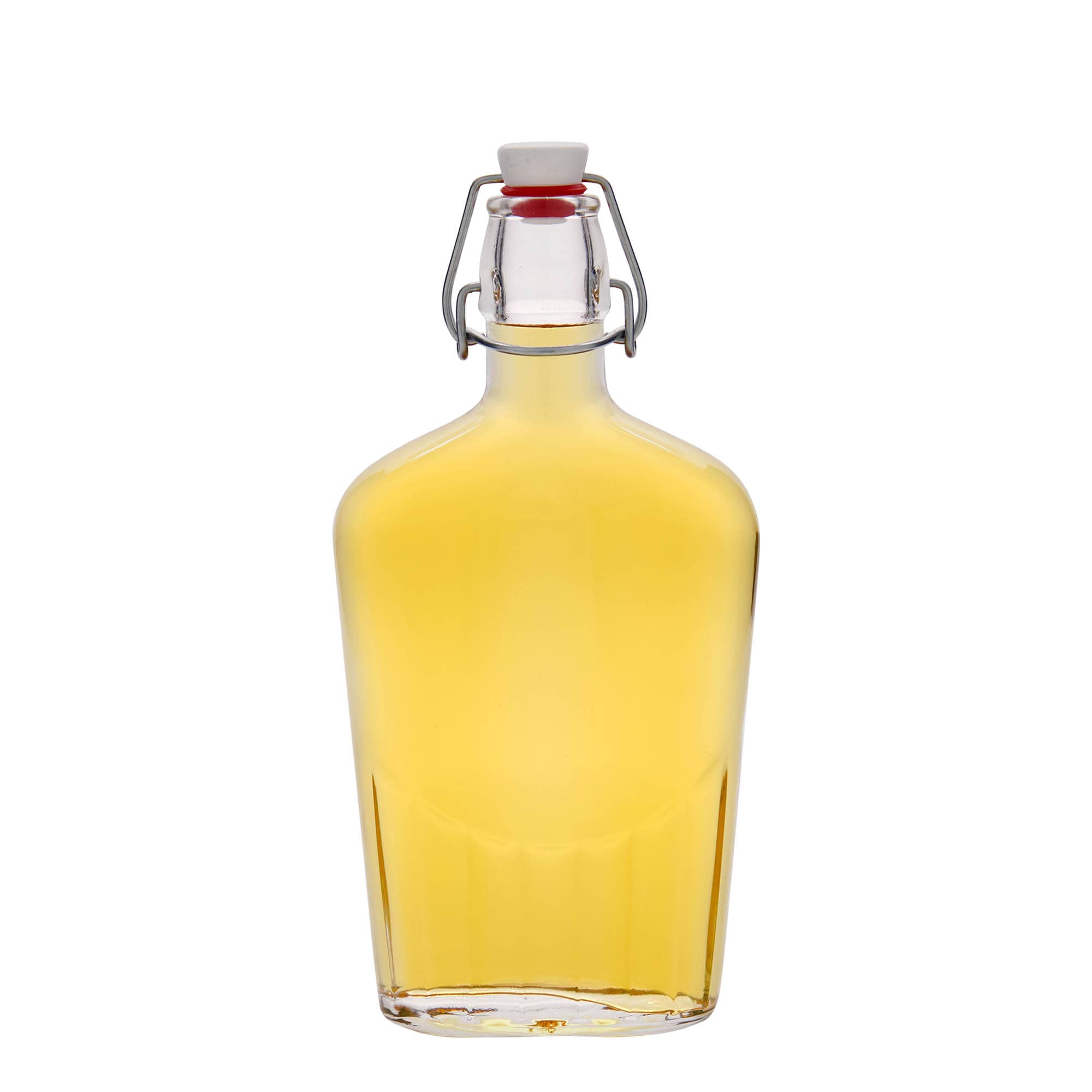Shishe qelqi 500 ml 'Fiaschetta', ovale, grykë: mbyllje me kapëse.