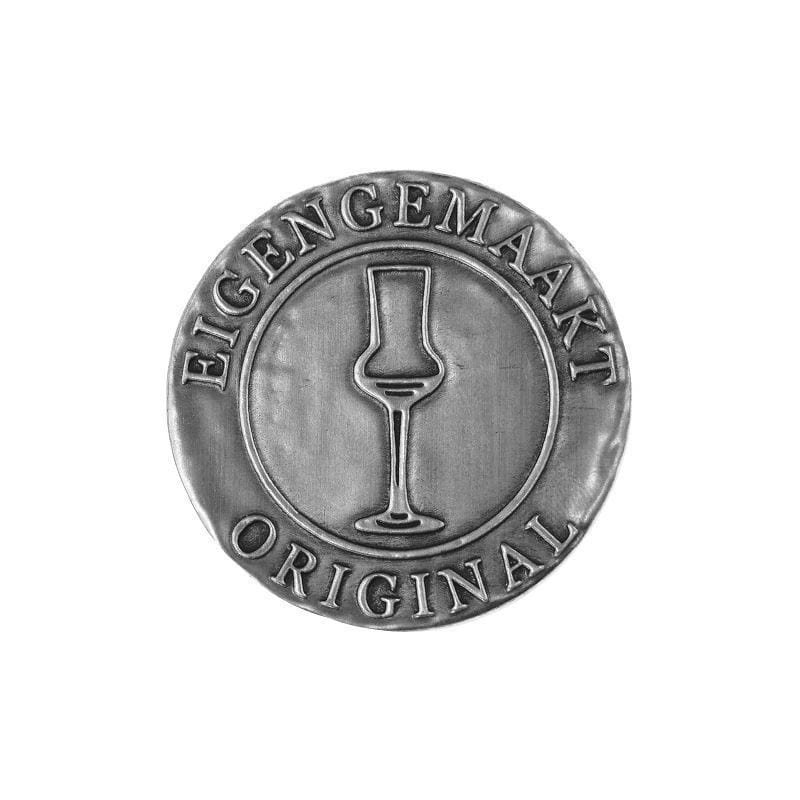 Etiketë prej zinku 'Eigengemaakt', rrumbullakët, metal, argjend Etiketë prej zinku 'Eigengemaakt', rrumbullakët, metal, argjend