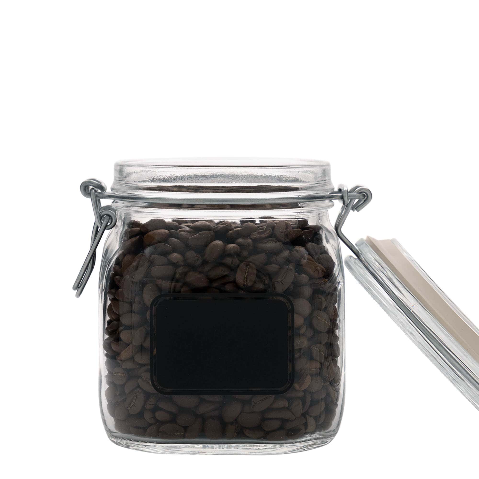 750 ml kavanoz me kapak me tel 'Fido', motiv: fushë etikete, katror, hapje: kapak me tel mbyllës