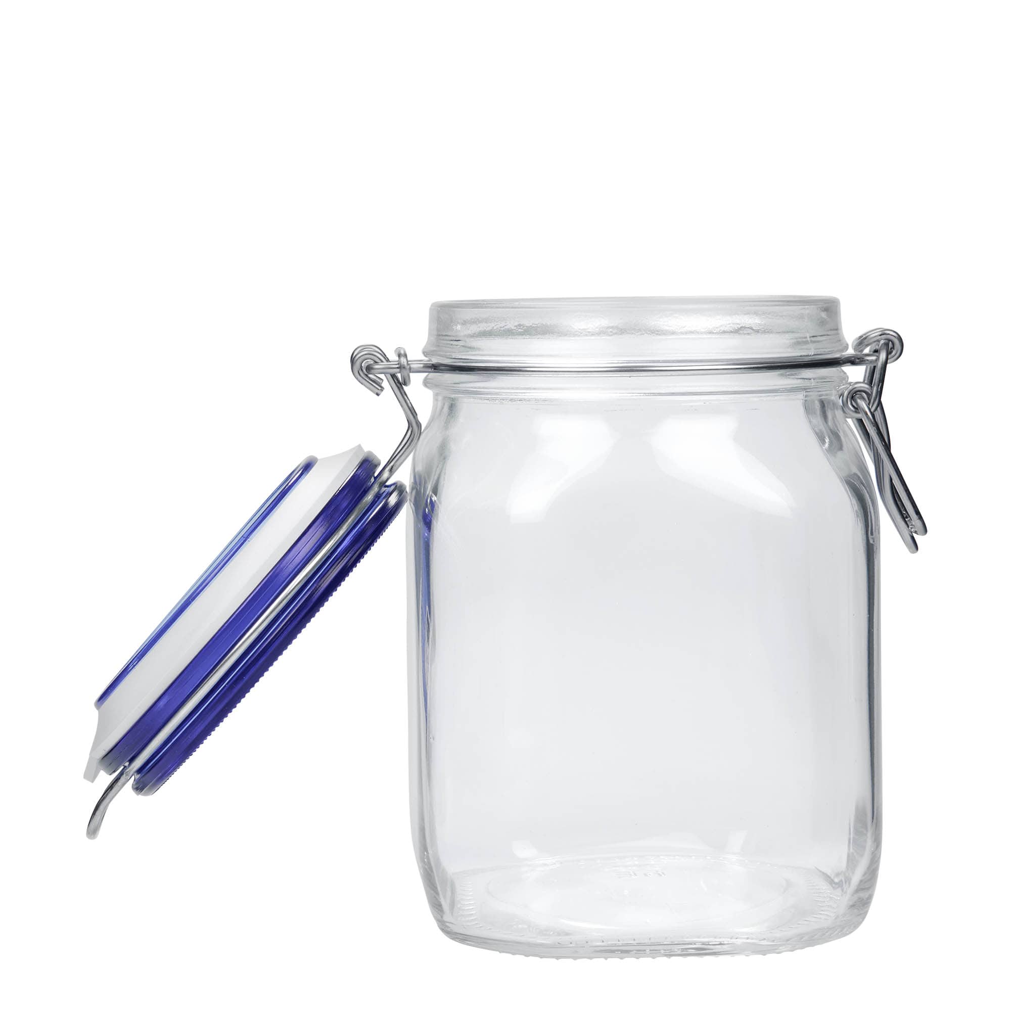 1.000 ml kavanoz me kapak me shirit metalik 'Fido' me kapak blu, katror, hapje: mbyllje me shirit metalik 1.000 ml kavanoz me kapak me shirit metalik 'Fido' me kapak blu, katror, hapje: mbyllje me shirit metalik