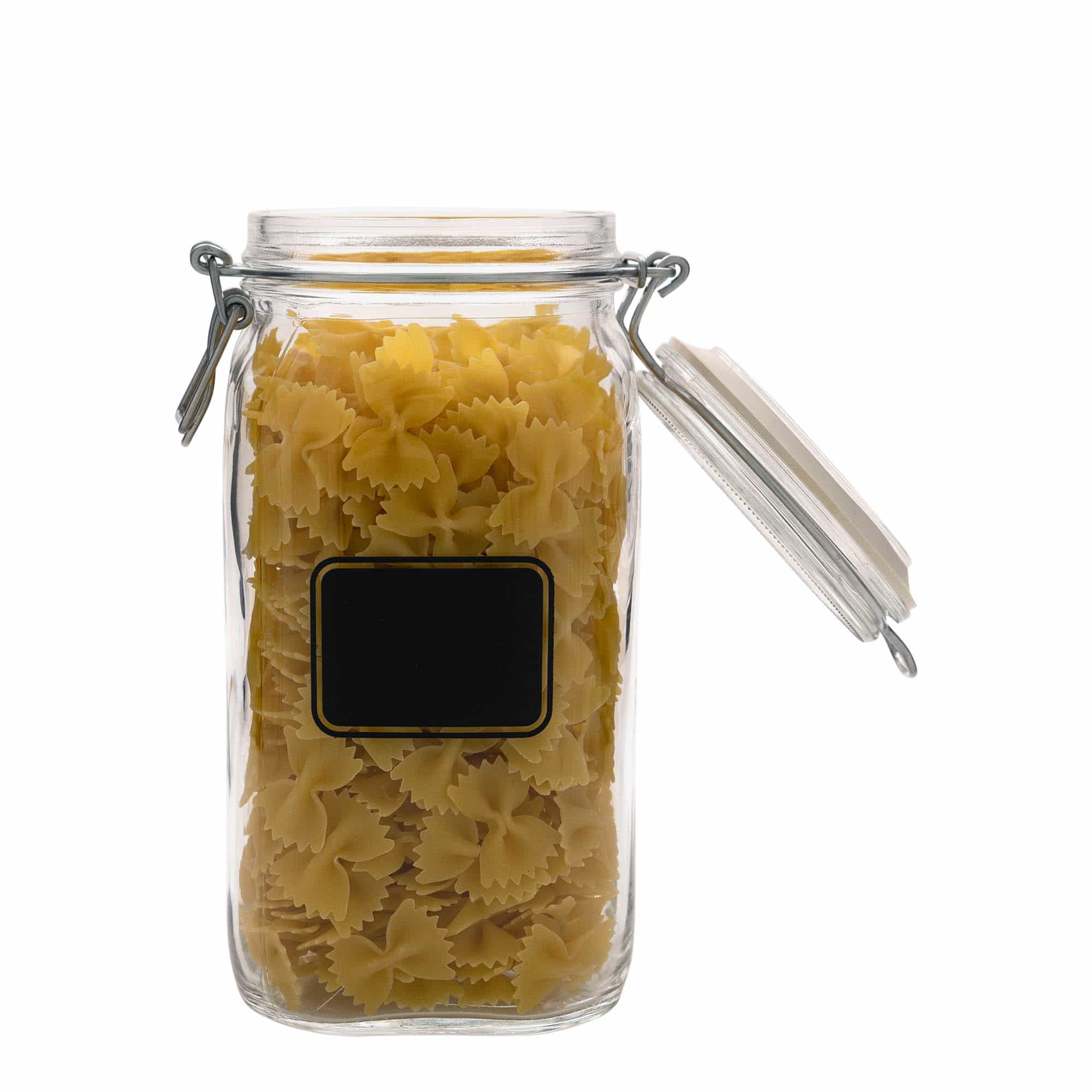 1.500 ml kavanoz me kapak me tel 'Fido', motiv: fushë etikete, katror, gojë: mbyllje me kapak me tel