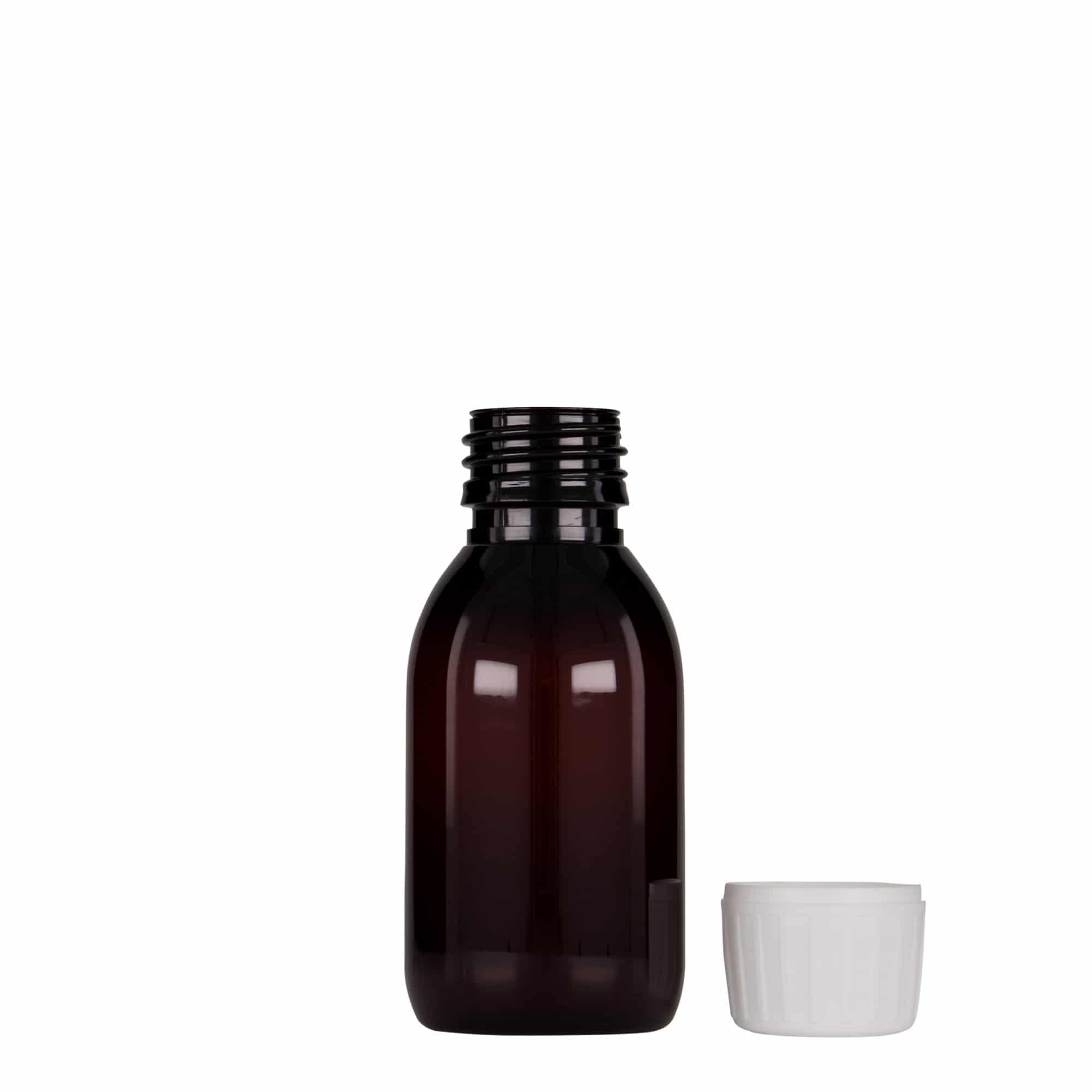 Shishe mjekësore PET 100 ml, kafe, plastikë, gojë: PP 28