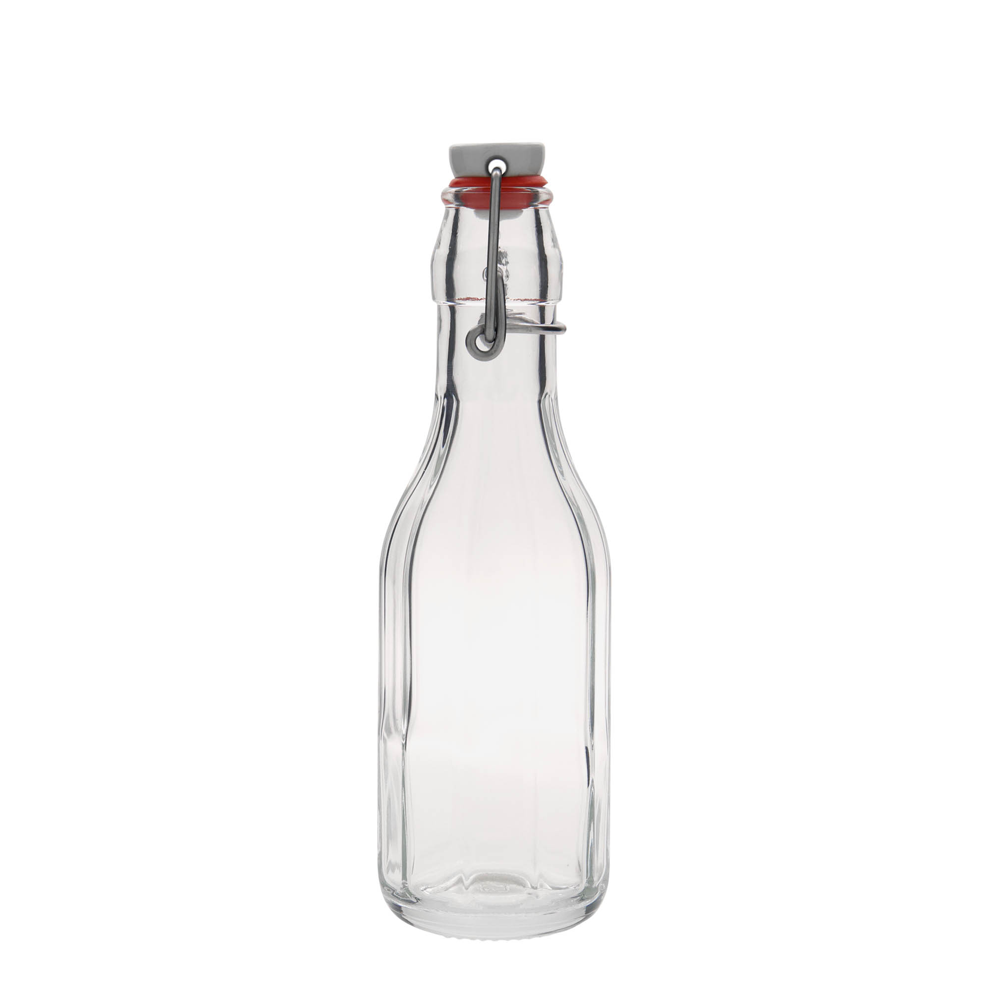 Shishe qelqi 250 ml 'Bravo', tetëkëndore, gojë: mbyllje me kapëse. Shishe qelqi 250 ml 'Bravo', tetëkëndore, gojë: mbyllje me kapëse.