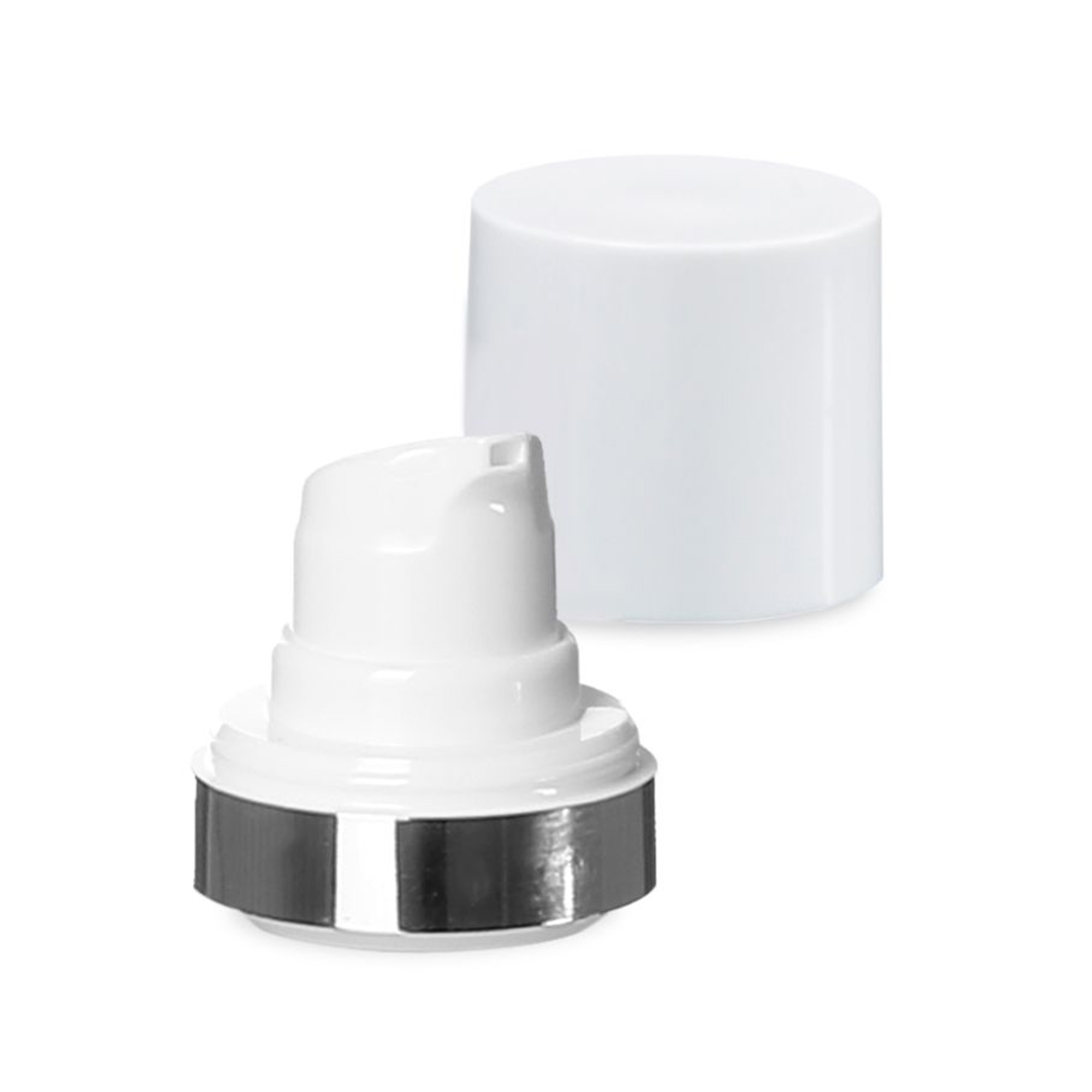 Kokë Airless Micro Kufiri Argjendi + e bardhë, kapak prizë me shkëlqim Kokë Airless Micro Kufiri Argjendi + e bardhë, kapak prizë me shkëlqim