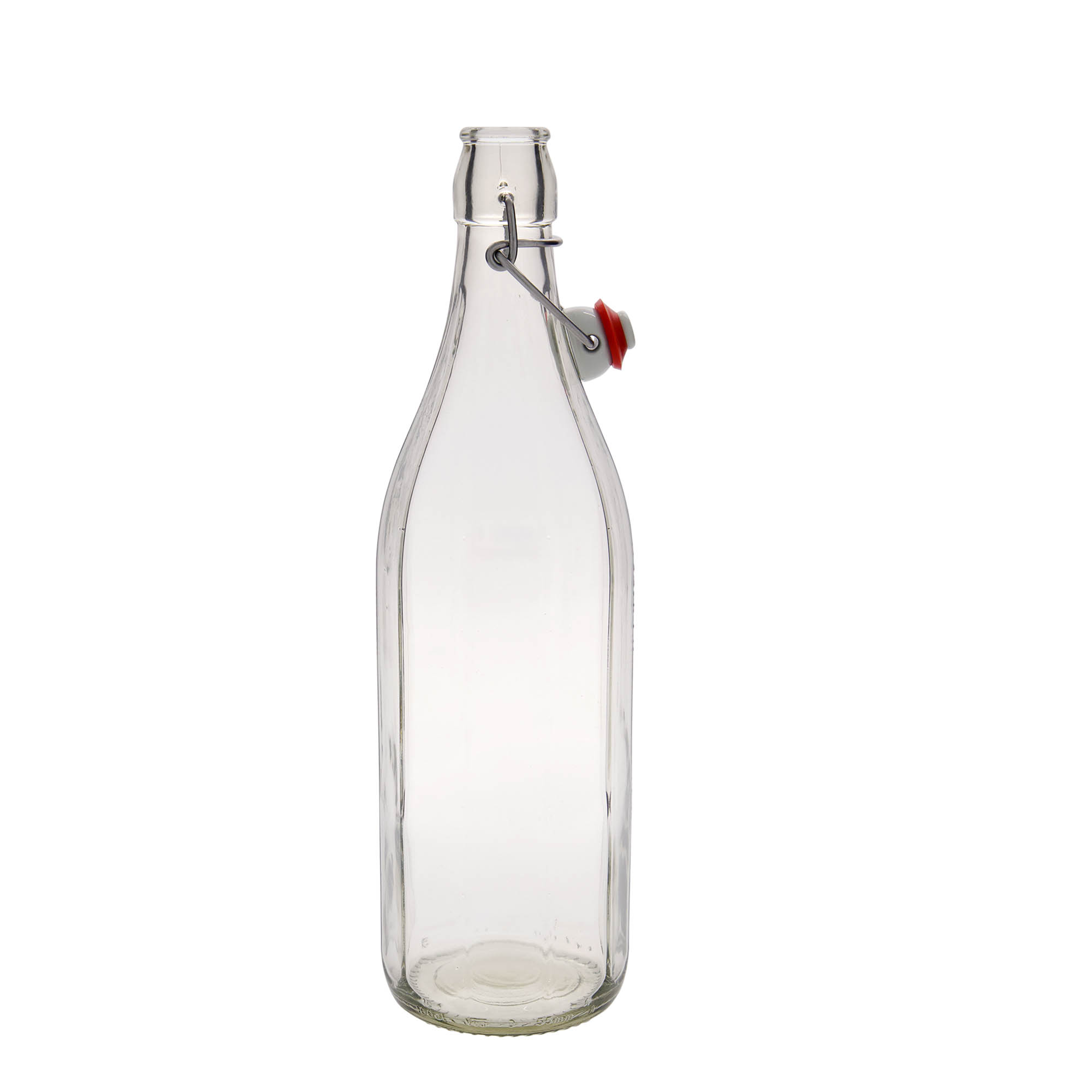 1.000 ml shishe qelqi 'Bravo', tetëkëndore, hapja: mbyllje me kapëse.