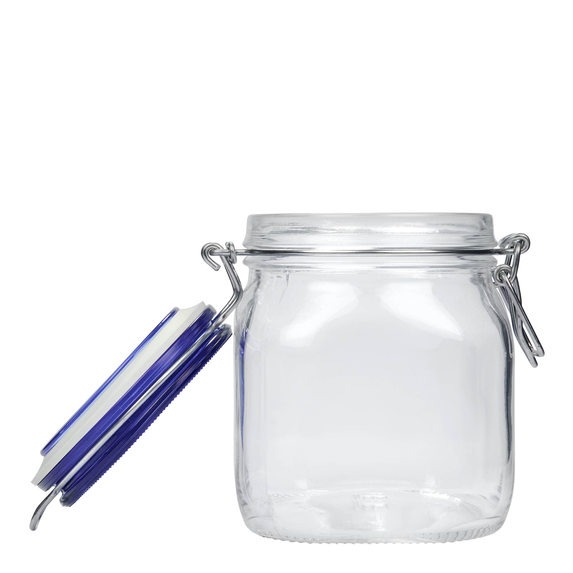 750 ml kavanoz me kapak me tel 'Fido' Blue Top, katror, hapje: mbyllje me kapak me tel