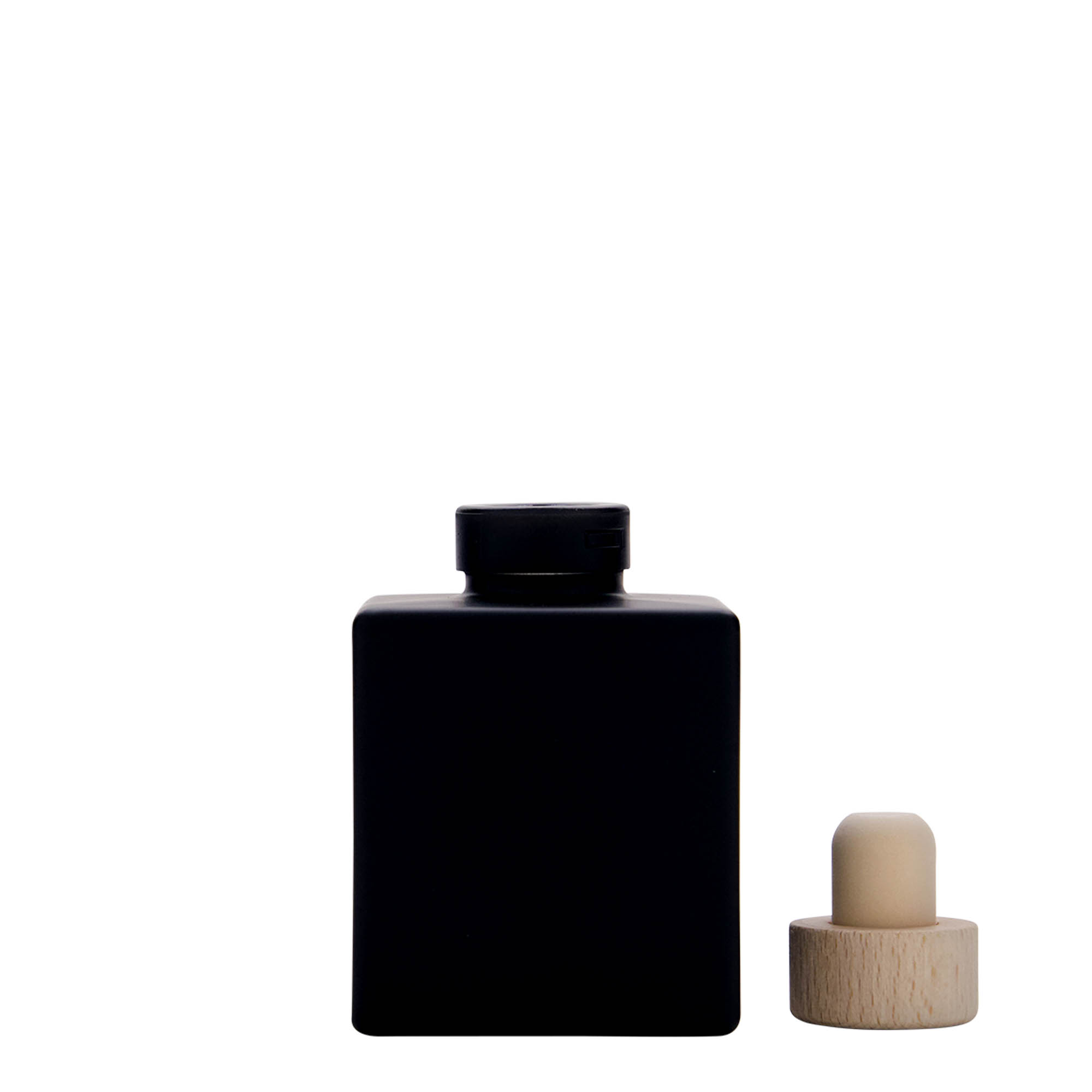 Shishe qelqi 100 ml 'Cube', katrore, e zezë, gojë: kork Shishe qelqi 100 ml 'Cube', katrore, e zezë, gojë: kork