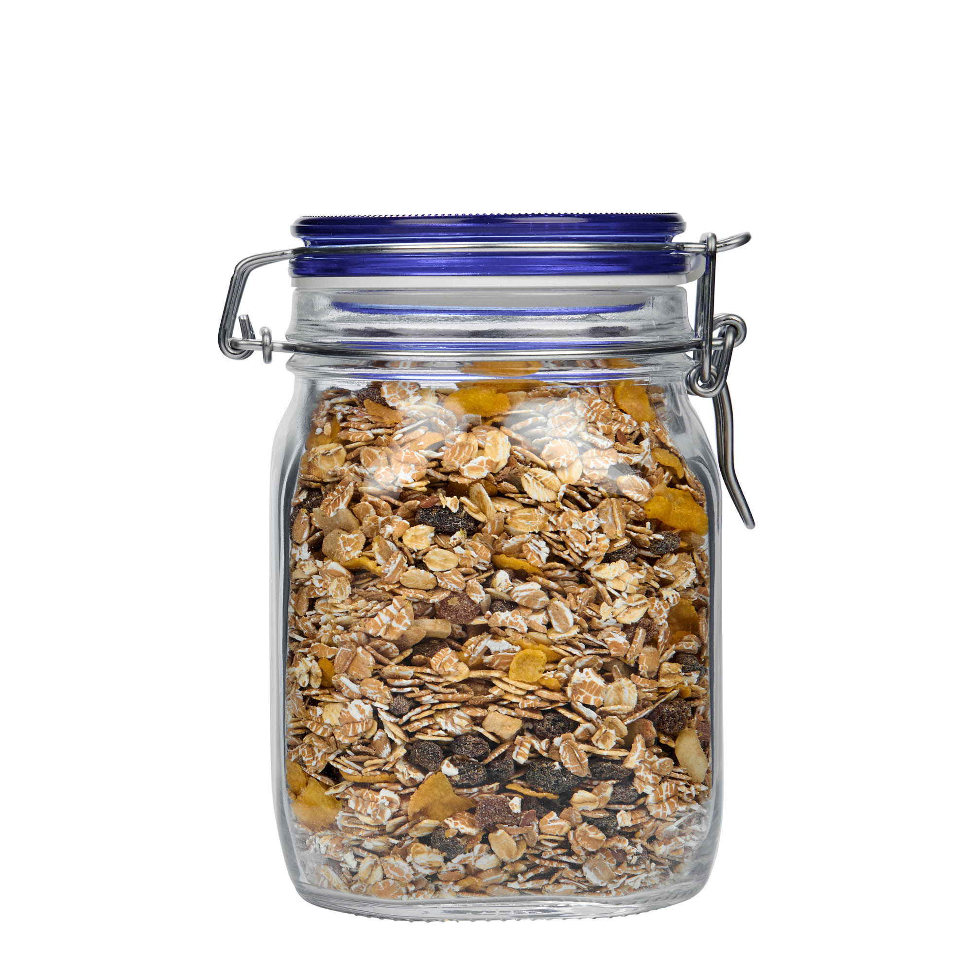 1.000 ml kavanoz me kapak me shirit metalik 'Fido' me kapak blu, katror, hapje: mbyllje me shirit metalik 1.000 ml kavanoz me kapak me shirit metalik 'Fido' me kapak blu, katror, hapje: mbyllje me shirit metalik